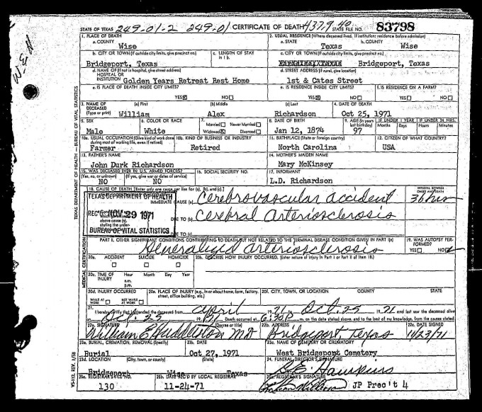 William Alexander Richardson Death Ceritificate 1971