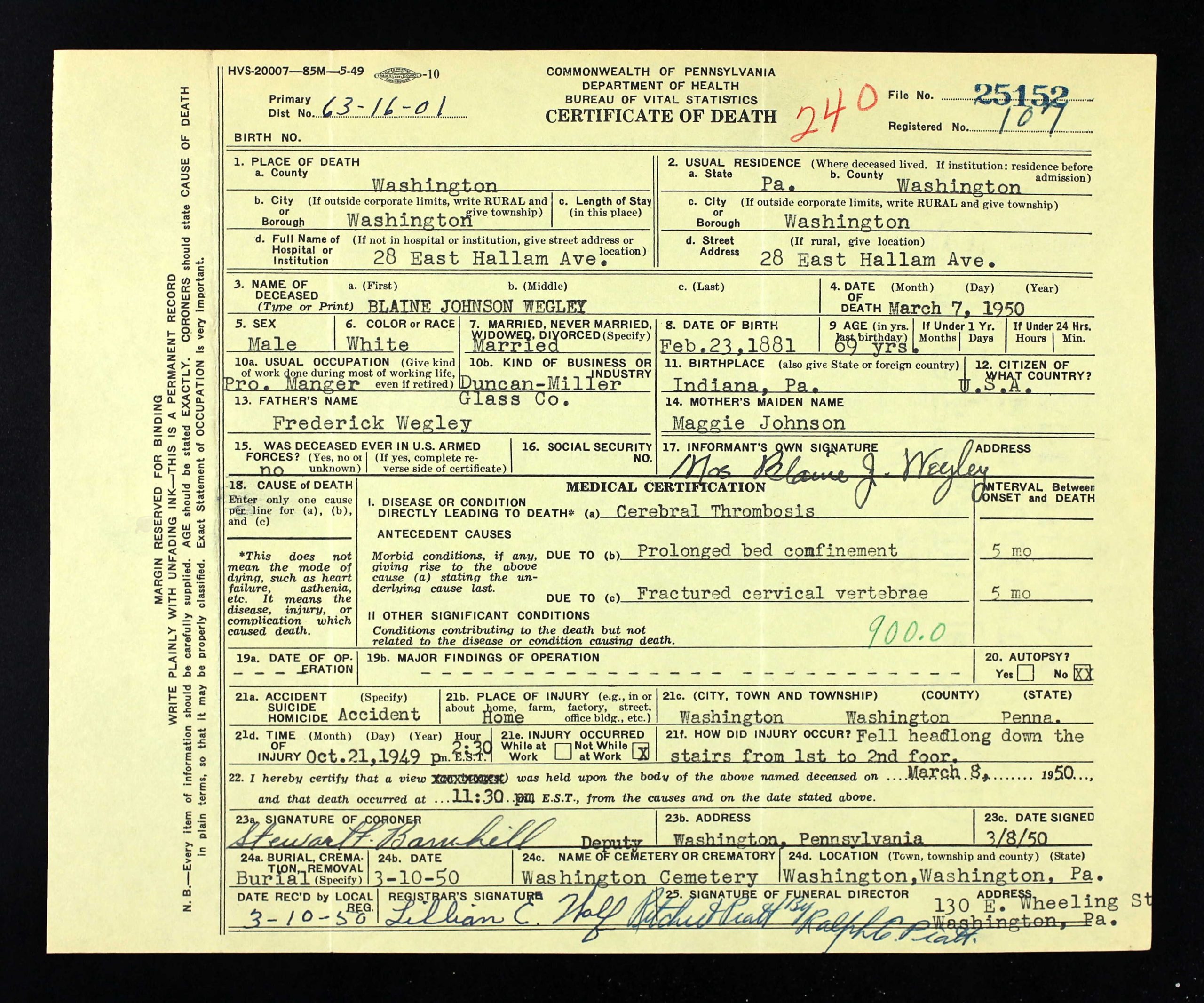 Blaine Johnson Wegley, born 1881 - death certificate