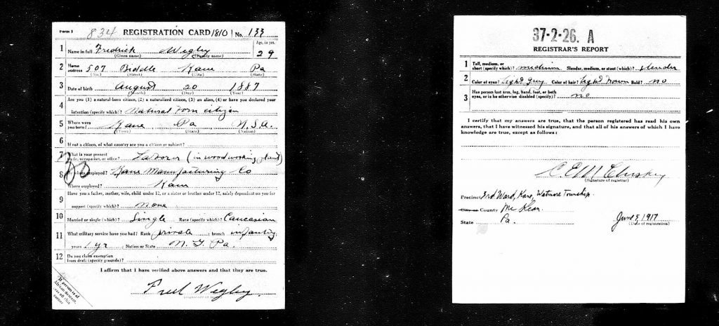 Frederick Wegley World War 1 Draft Registration Card
