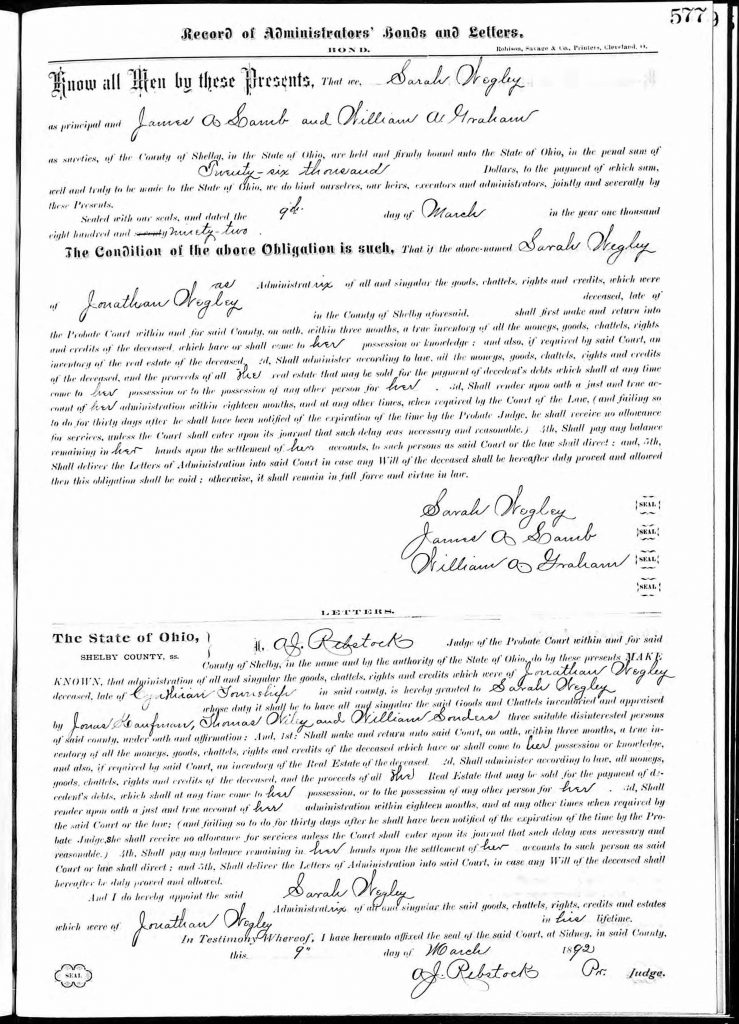 Jonathan Wegley Probate Administration Record, March 9, 1892