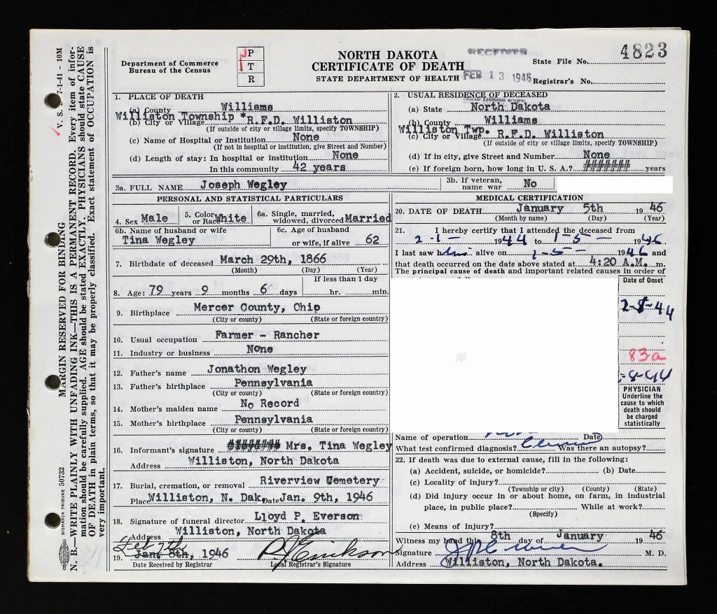 Joseph "Joe" Wegley Death Certificate