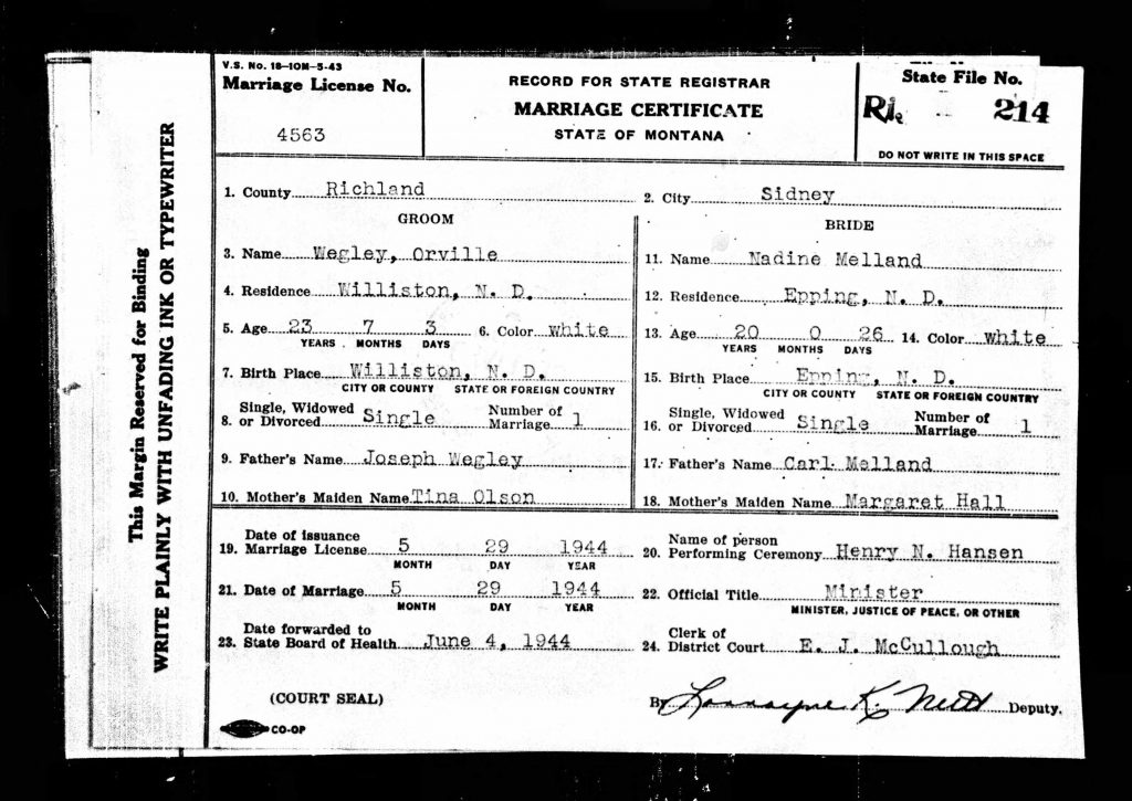 Orville Jack Wegley Marriage Certificate