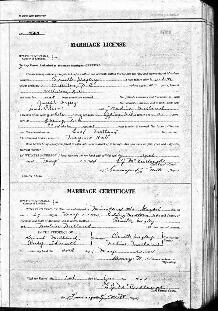 Orville Jack Wegley Marriage License