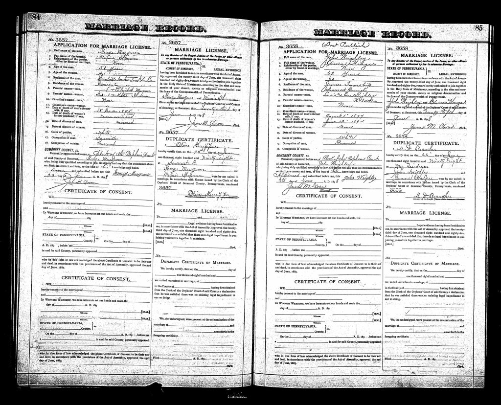 Here is the marriage application for John Wegley (son of Lewis). John married Emma when he was 62, and she was 60. Here is the marriage application for John Wegley (son of Lewis). John married Emma when he was 62, and she was 60.