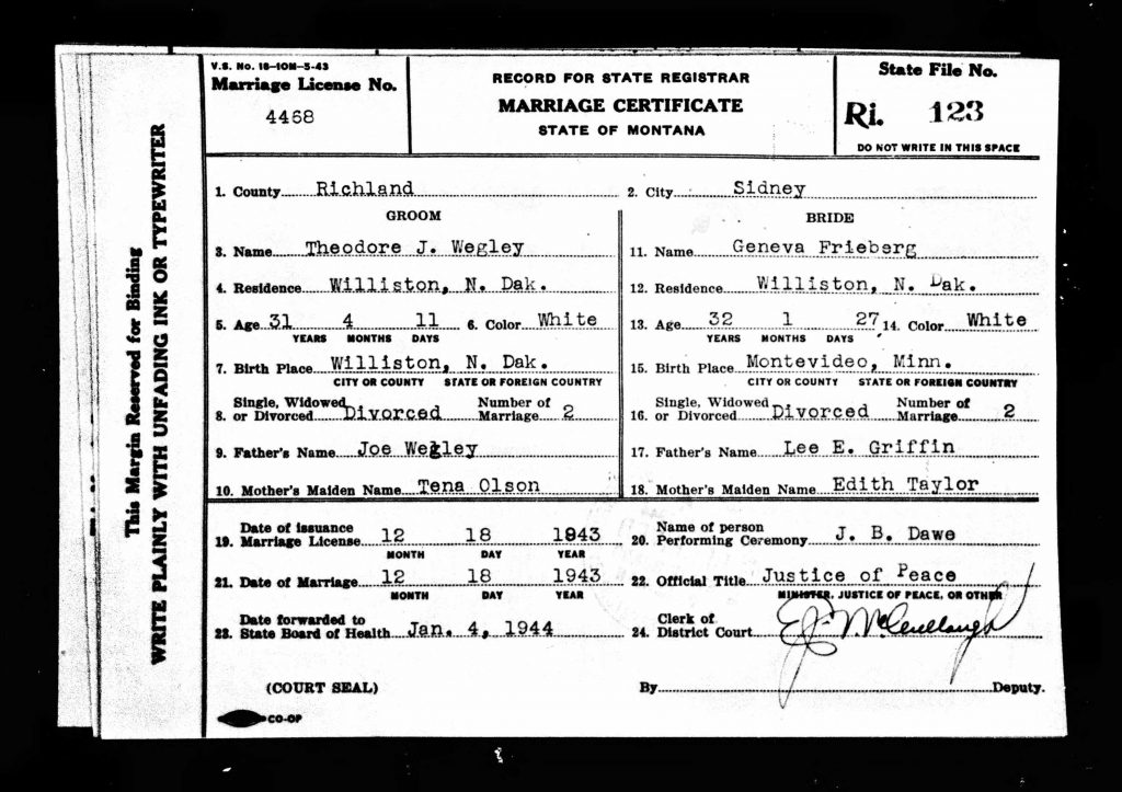 Theodore Joseph Wegley's Marriage Certicate