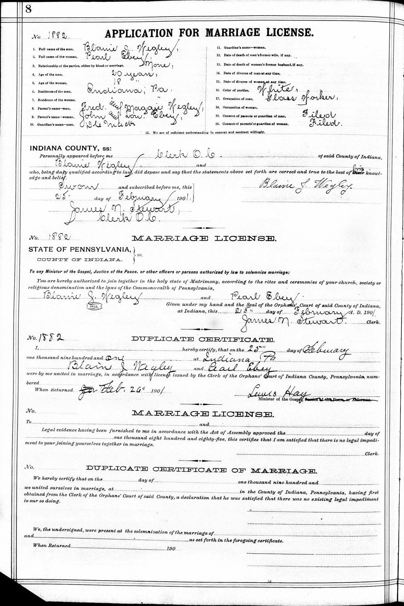 Blaine Johnson Wegley, born 1881 - Marriage License