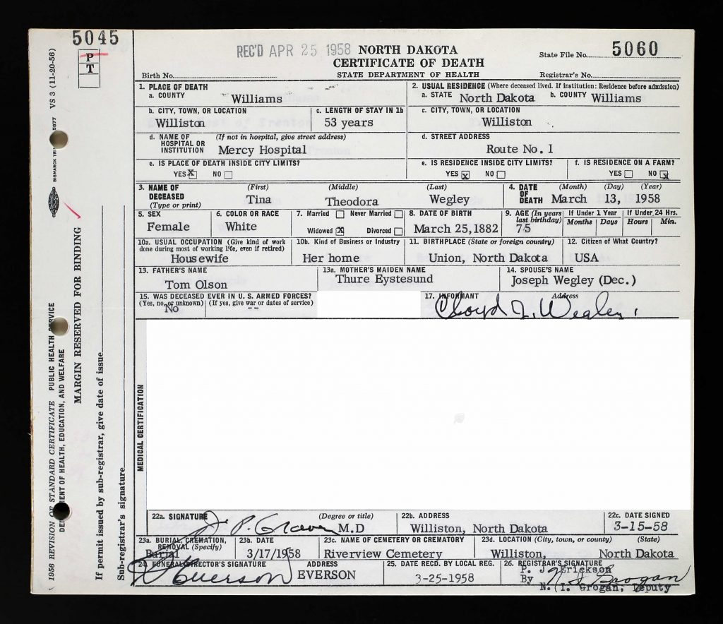 Tena Wegley Death Certificate